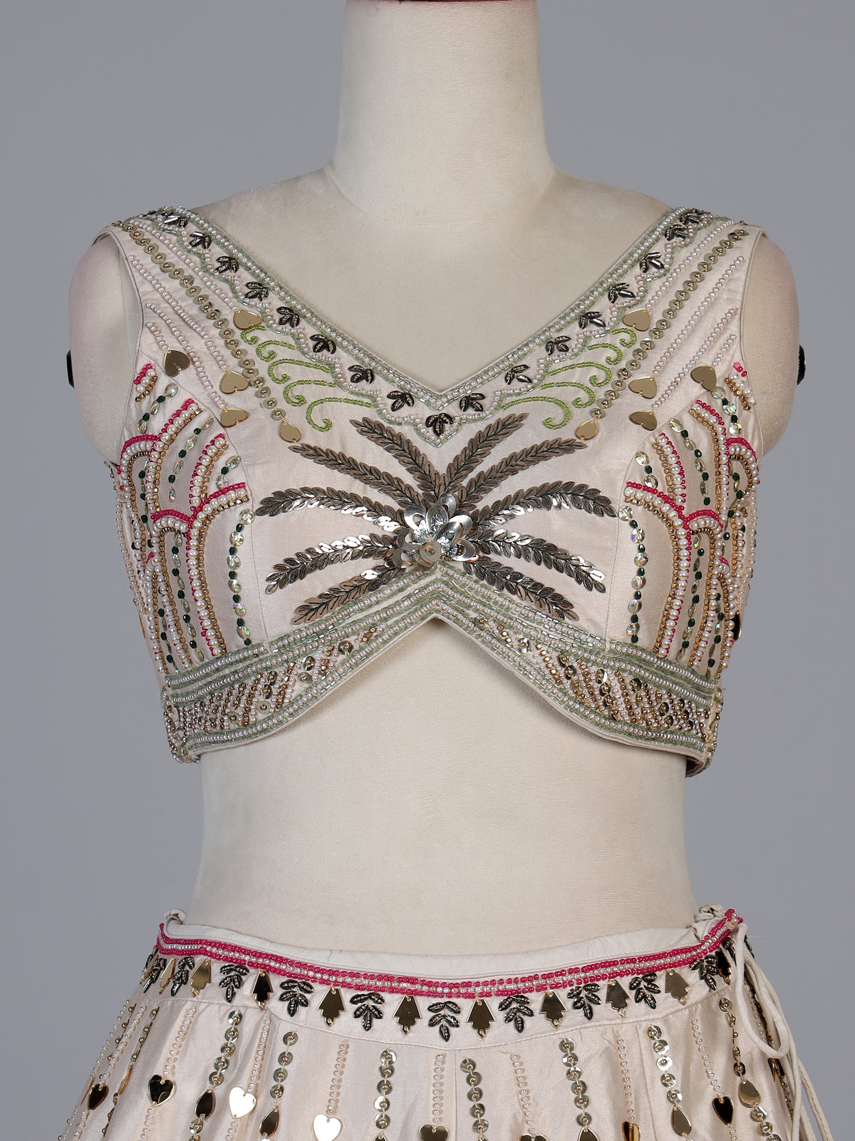 Beige silk designer wedding wear lehenga choli with contrast dupatta
