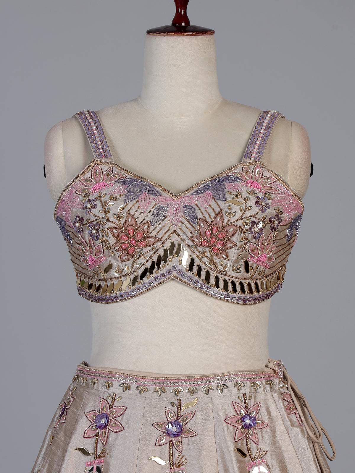 Beige raw silk floral lehenga choli with dupatta