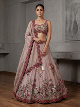 Pastel beige silk bird motif lehenga choli for designer