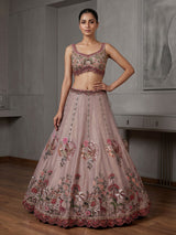 Pastel beige silk bird motif lehenga choli for designer