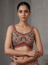 Pastel beige silk bird motif lehenga choli for designer