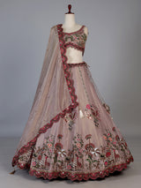 Pastel beige silk bird motif lehenga choli for designer