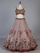 Pastel beige silk bird motif lehenga choli for designer