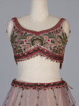 Pastel beige silk bird motif lehenga choli for designer