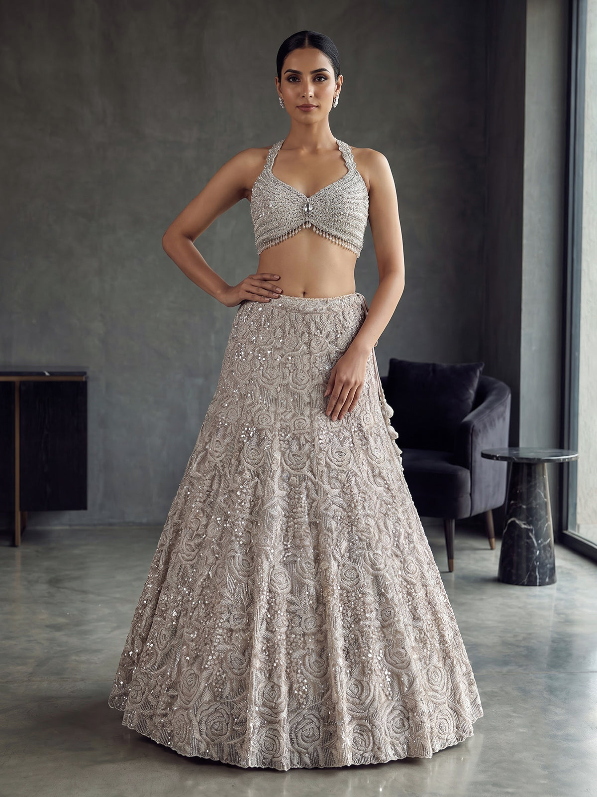 Beige floral designer net lehenga choli with dupatta