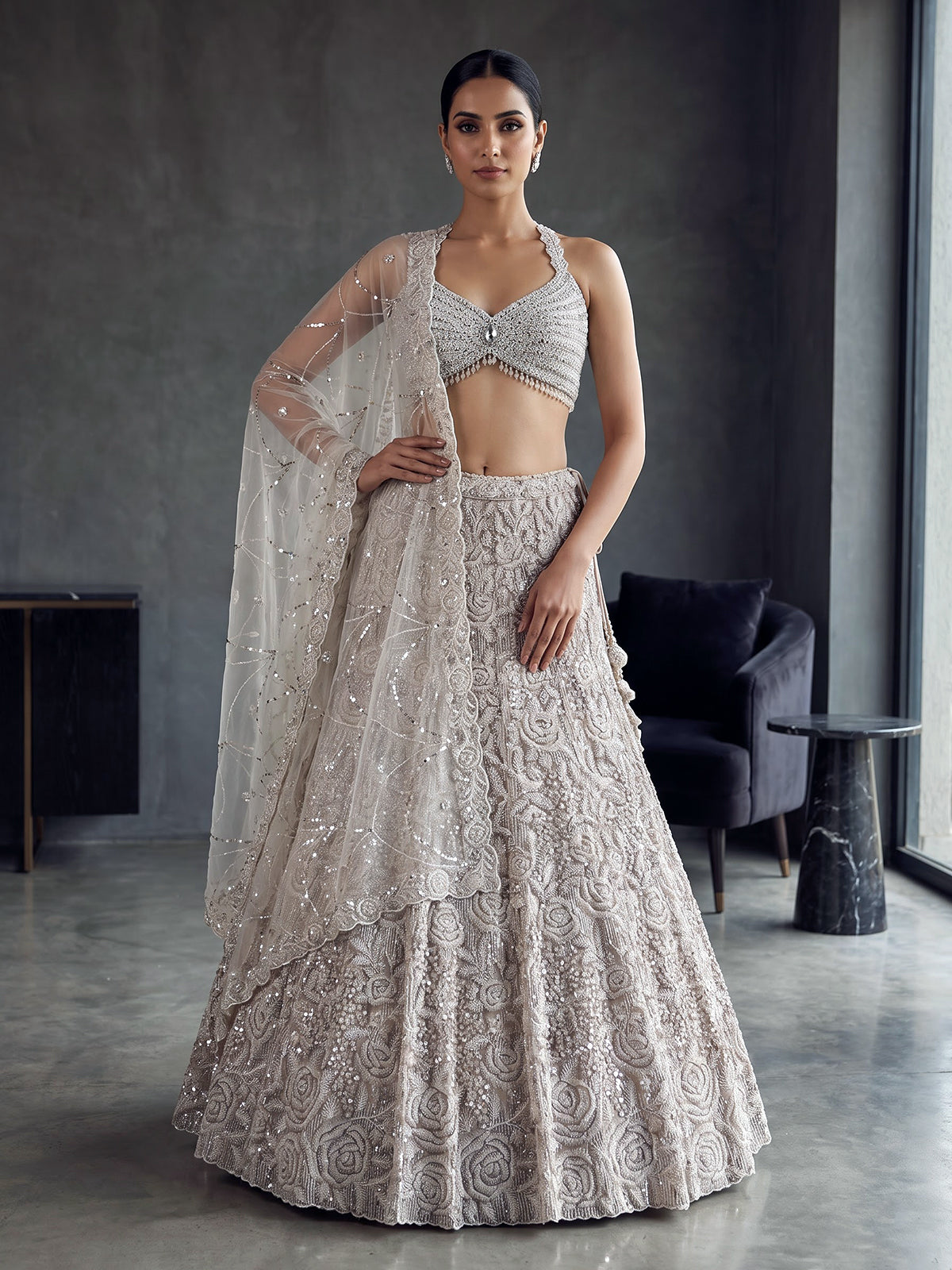 Beige floral designer net lehenga choli with dupatta