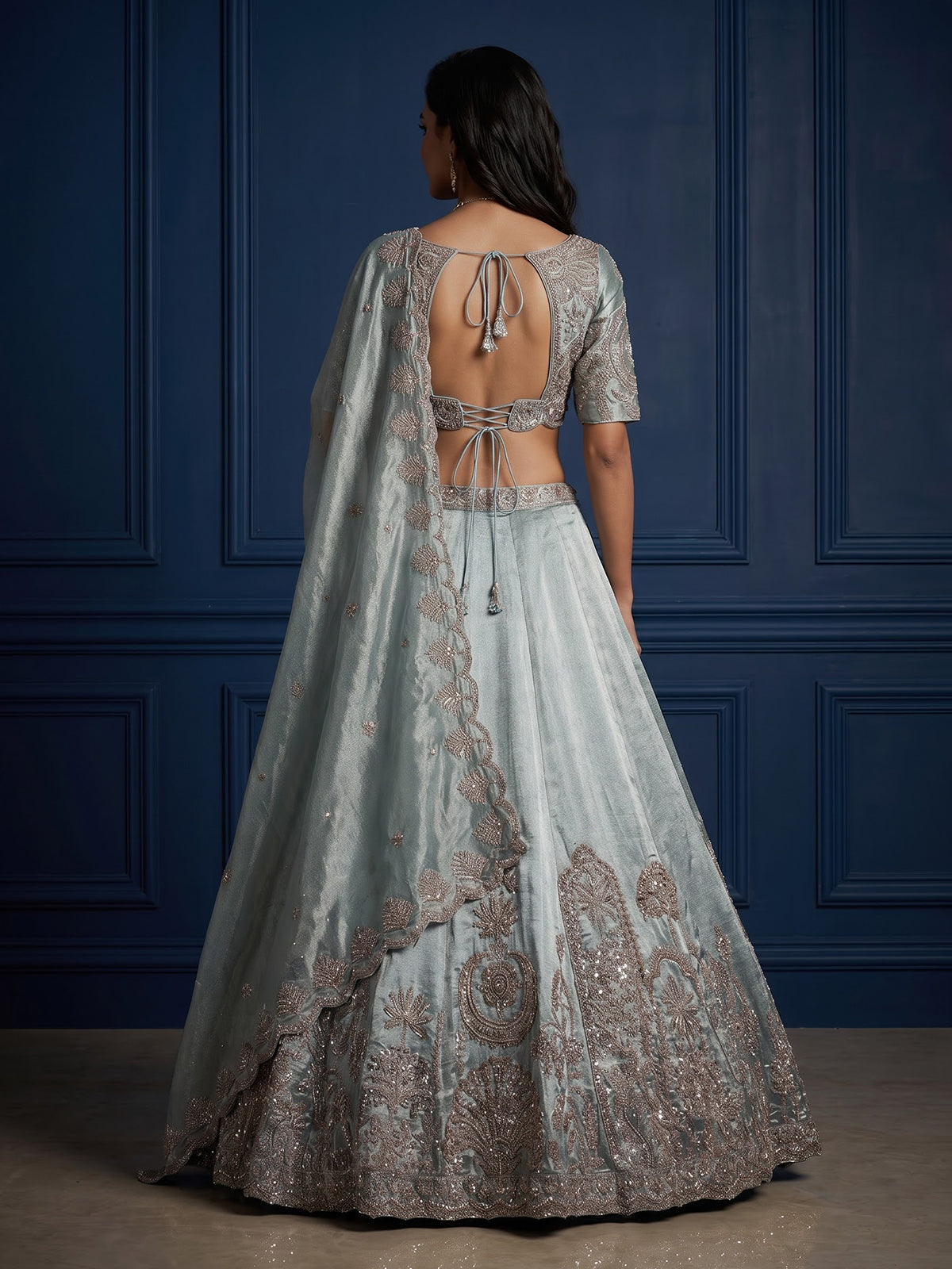 Pastel blue silk embellished lehenga choli with dupatta