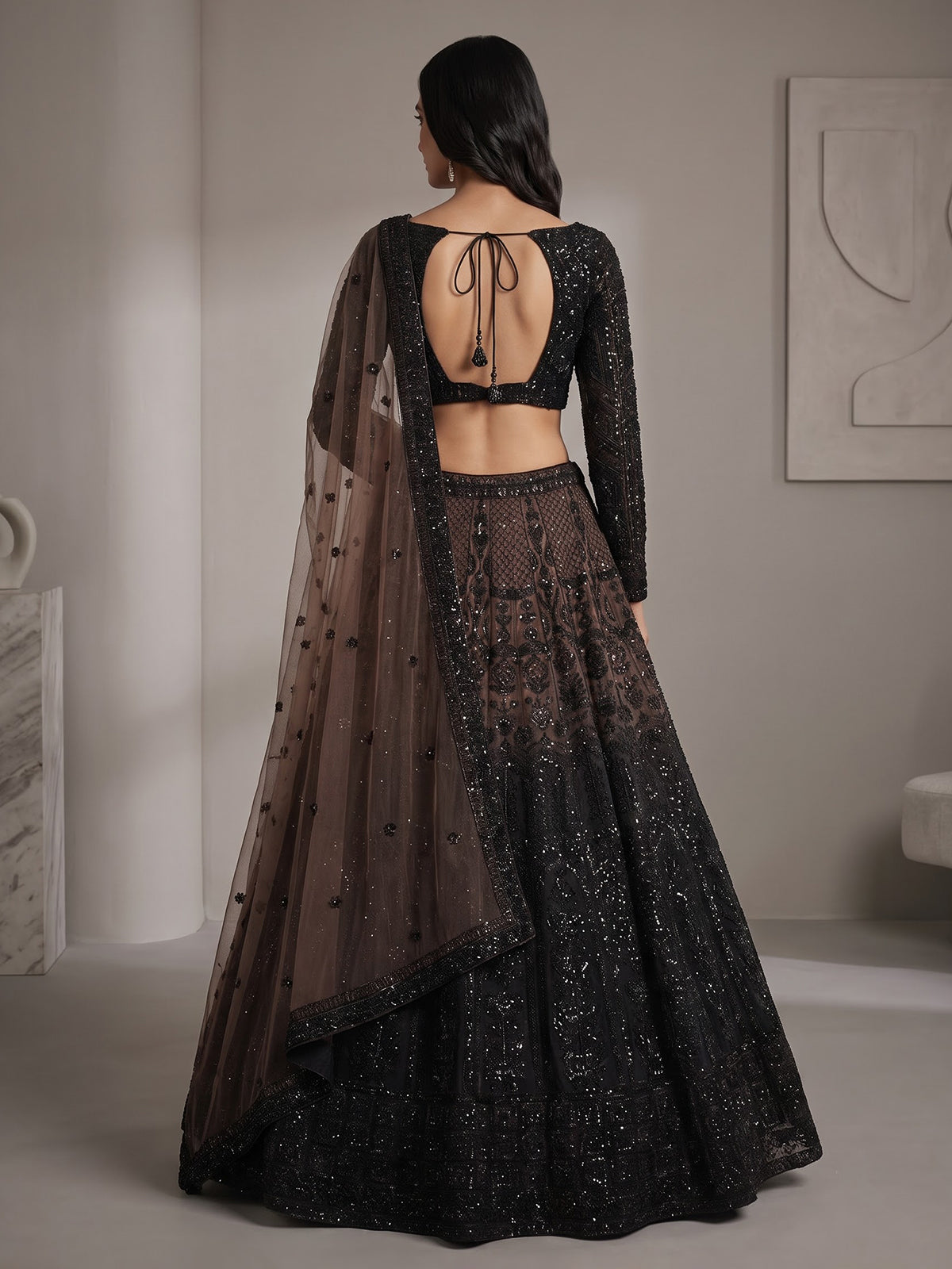 Black soft net designer lehenga choli with dupatta