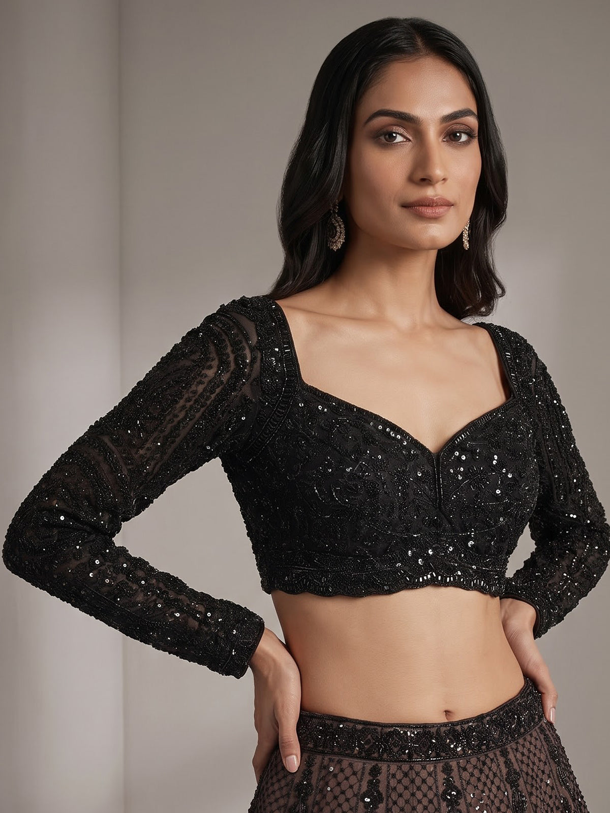 Black soft net designer lehenga choli with dupatta