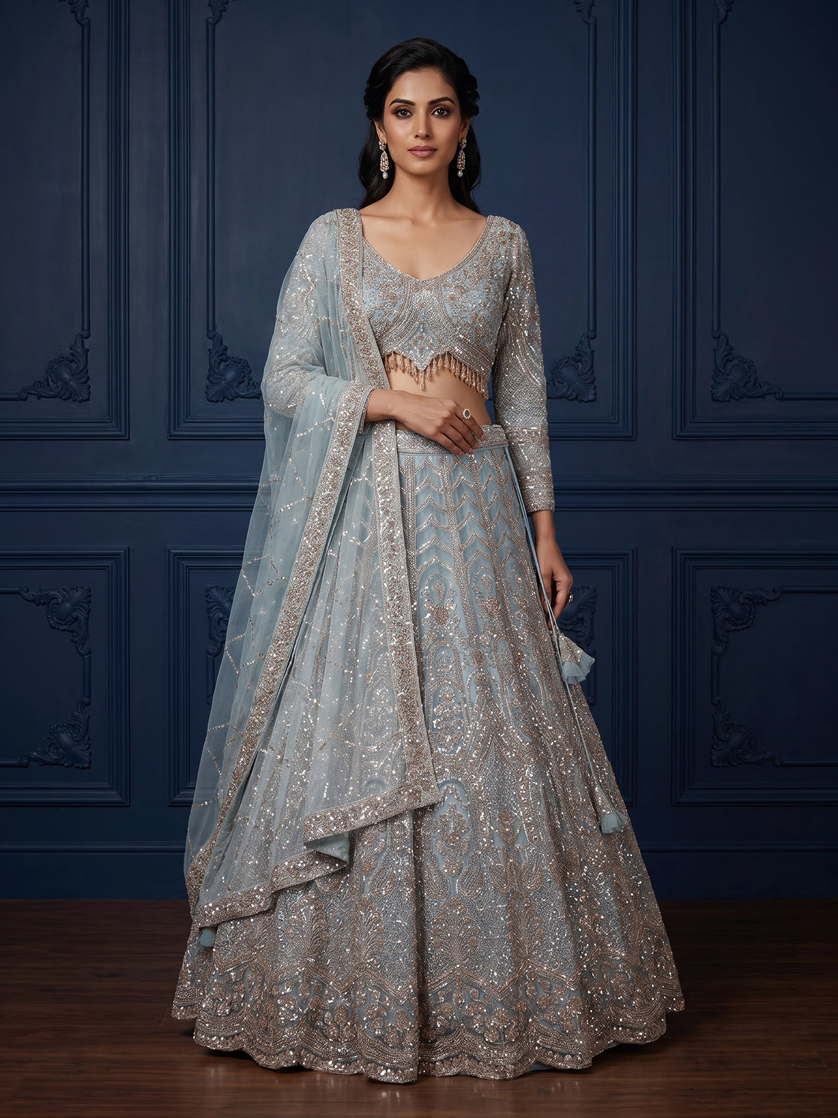 Sky blue designer net lehenga choli with dupatta