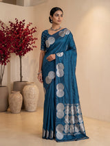 Blue soft silk saree with elegant zari border and pallu