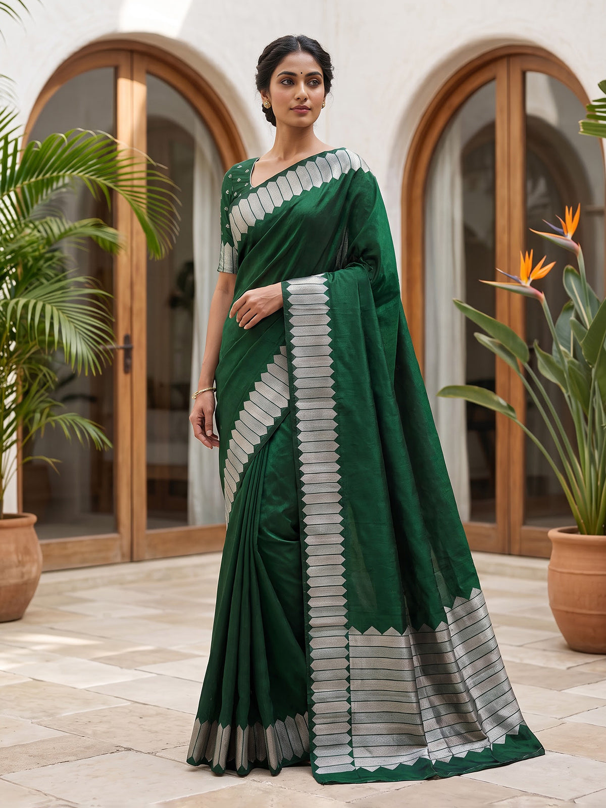 Green satin silk saree with luxurious zari border and pallu