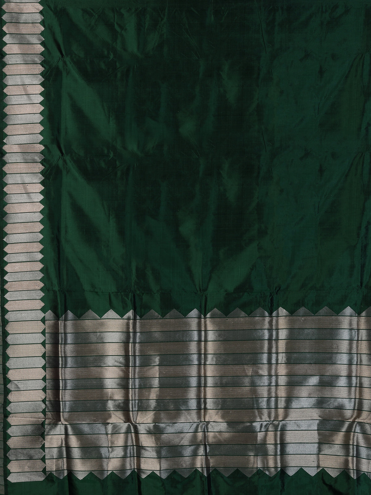 Green satin silk saree with luxurious zari border and pallu