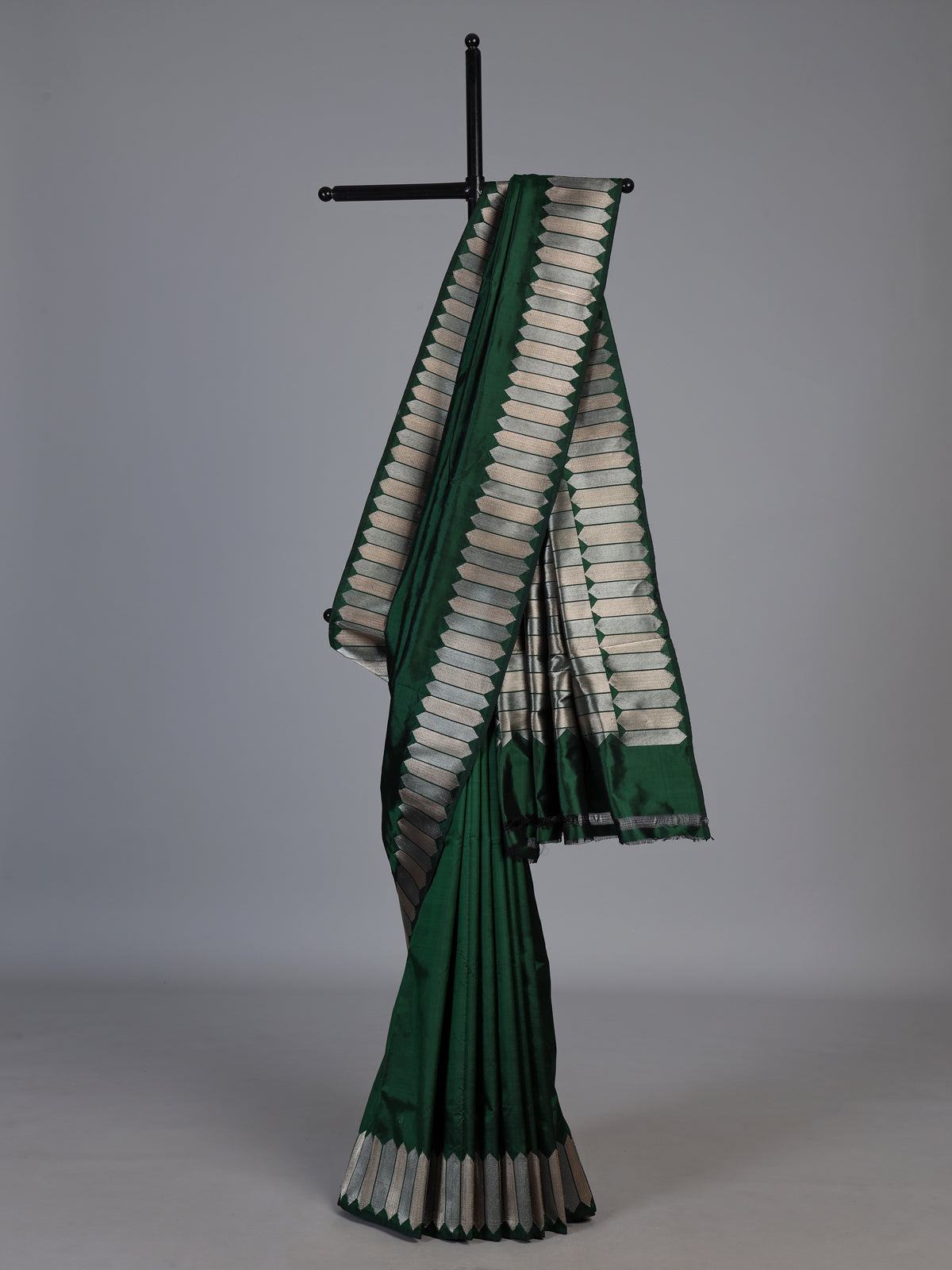 Green satin silk saree with luxurious zari border and pallu