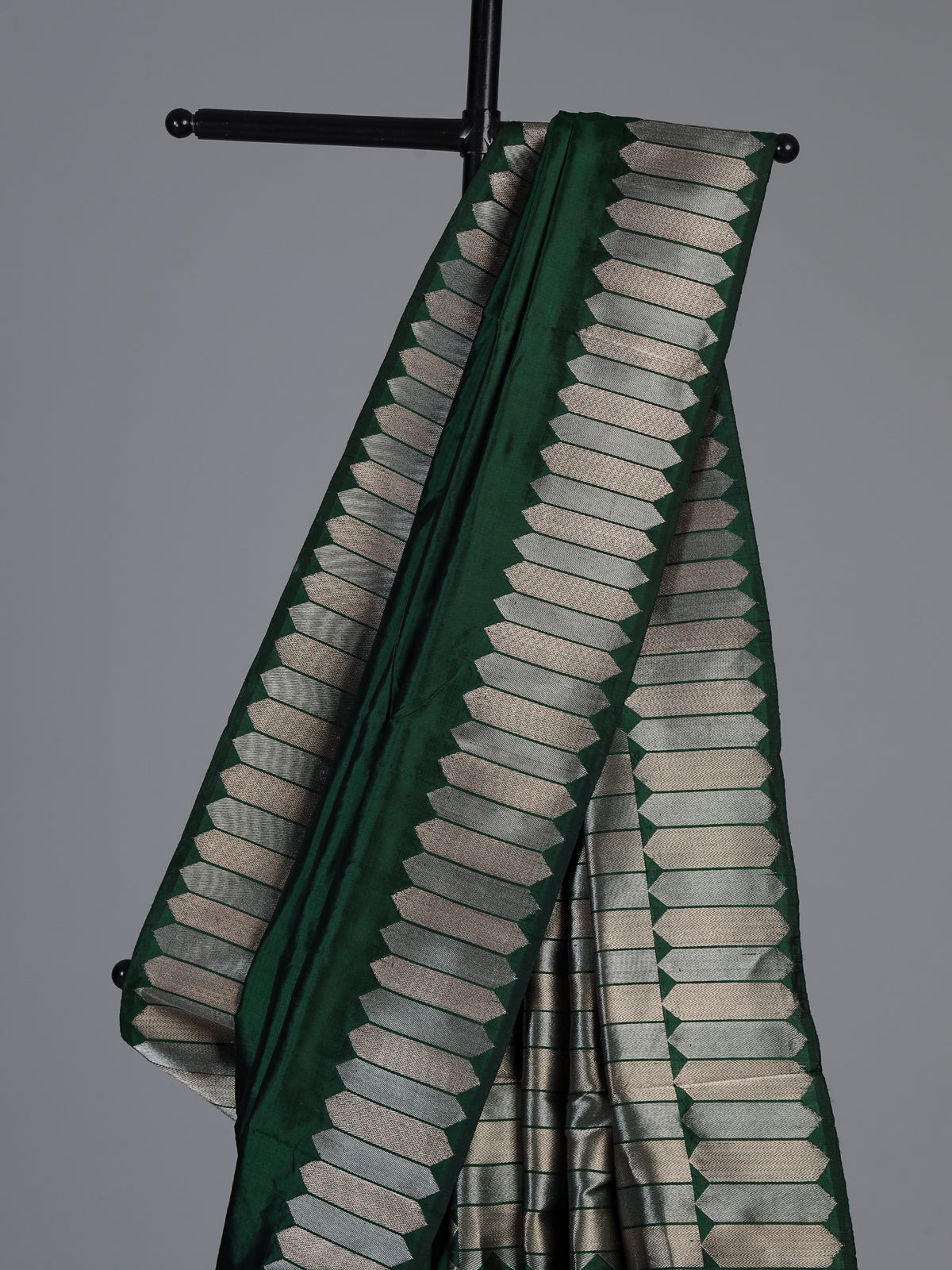Green satin silk saree with luxurious zari border and pallu
