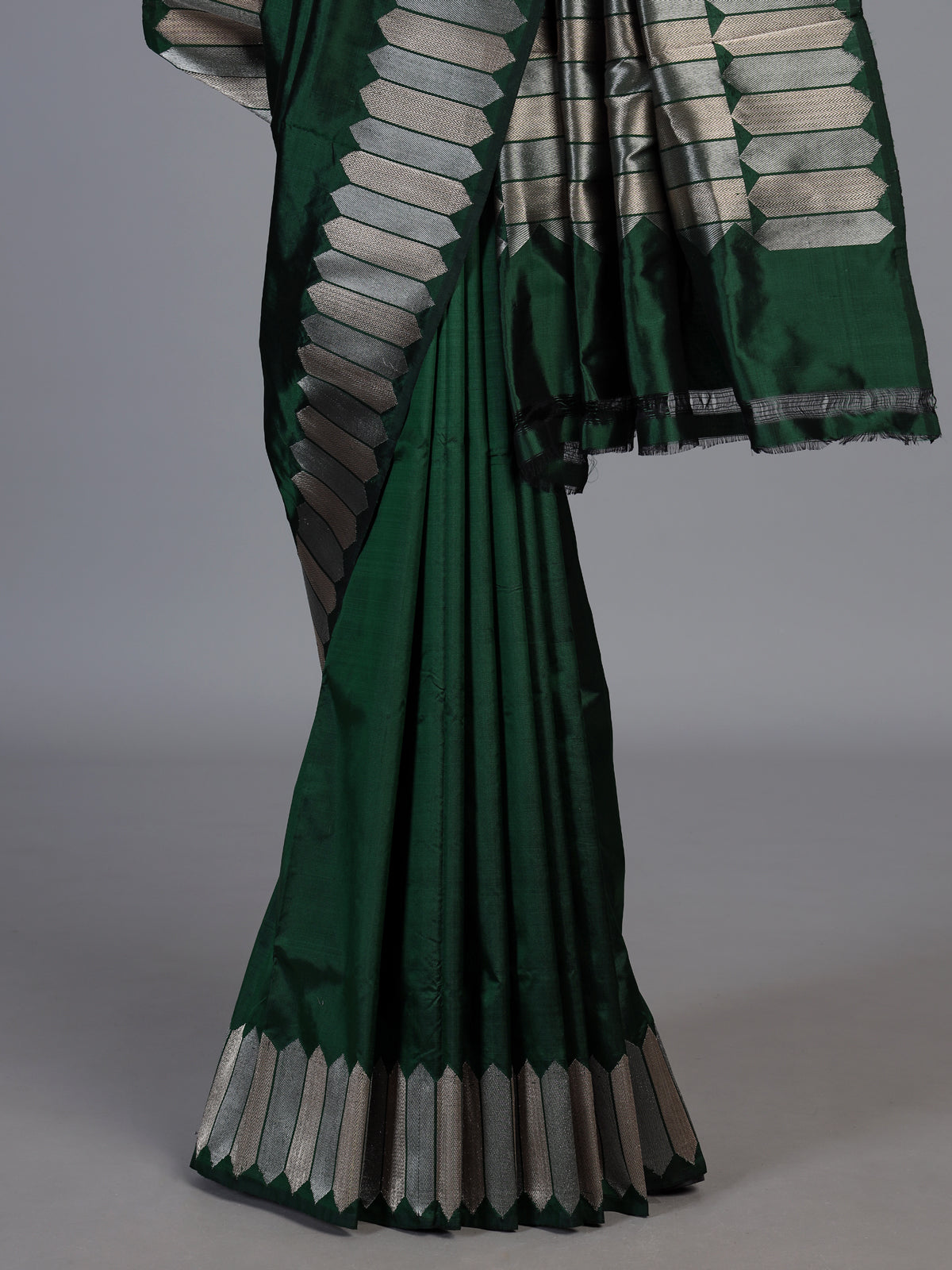Green satin silk saree with luxurious zari border and pallu