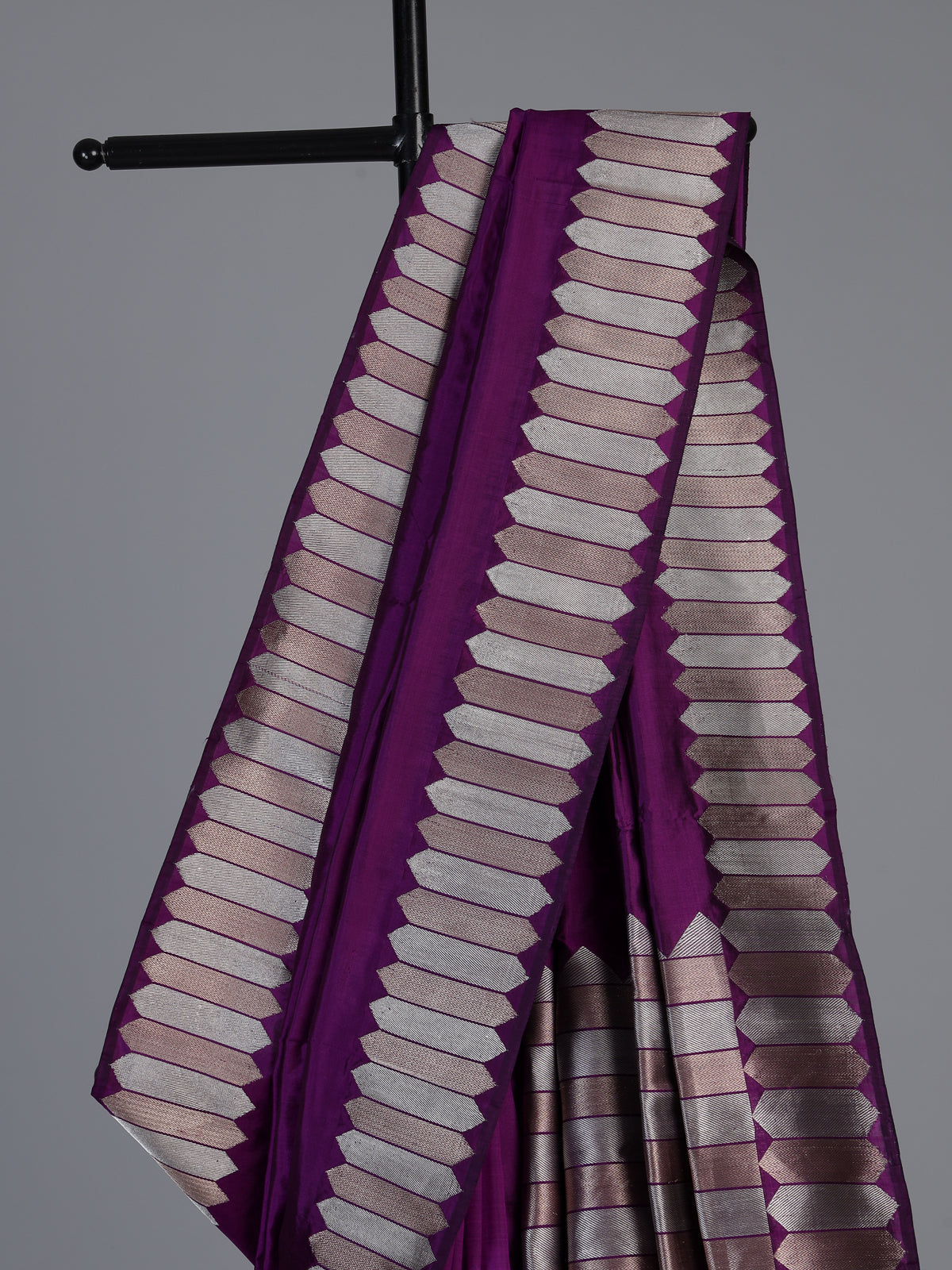 Purple satin silk saree with traditional zari border design