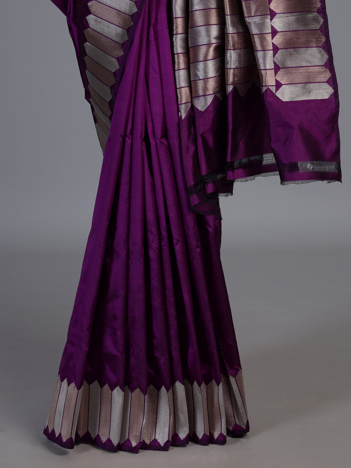 Purple satin silk saree with traditional zari border design