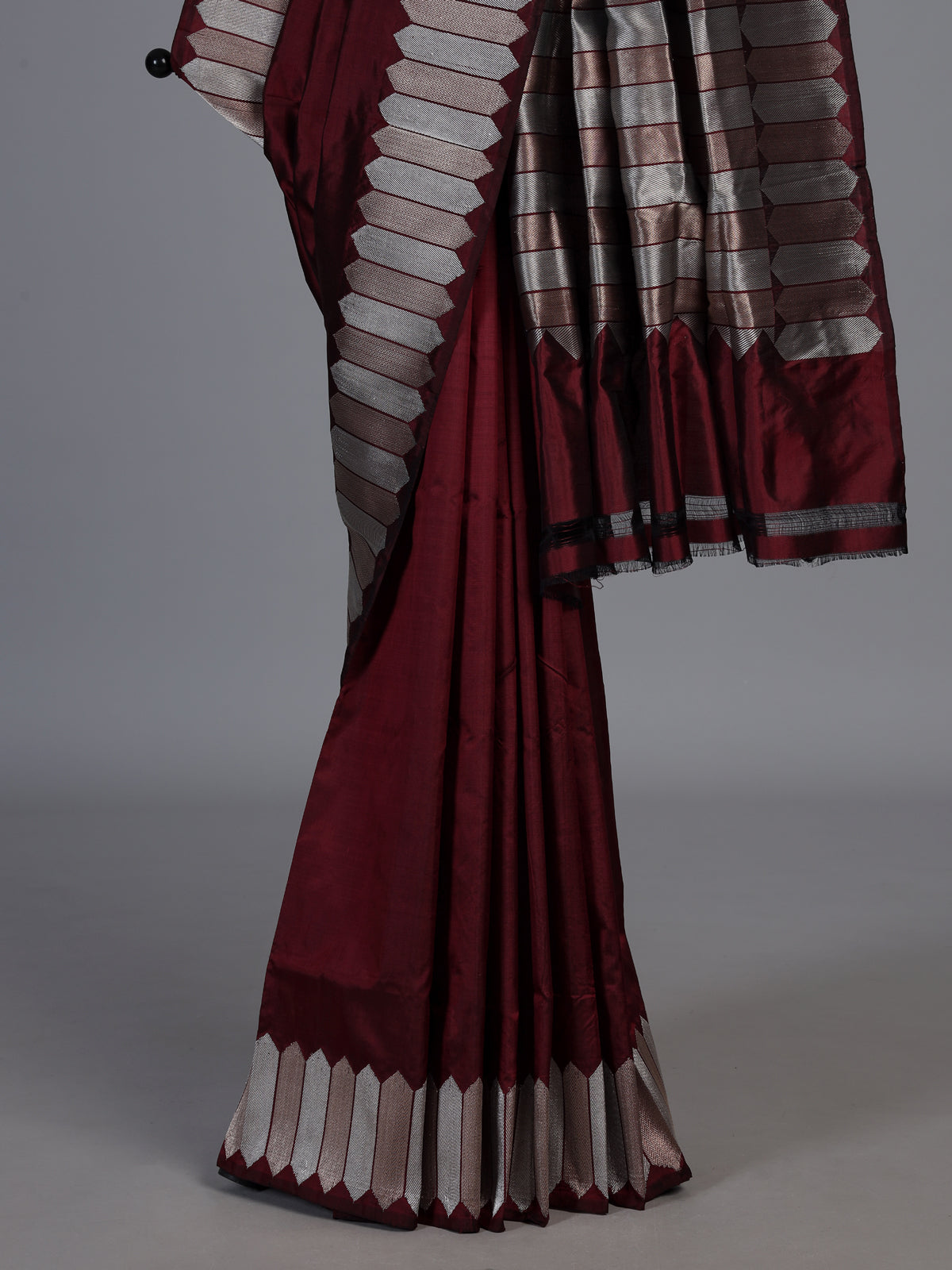 Maroon satin silk saree with elegant zari border and pallu