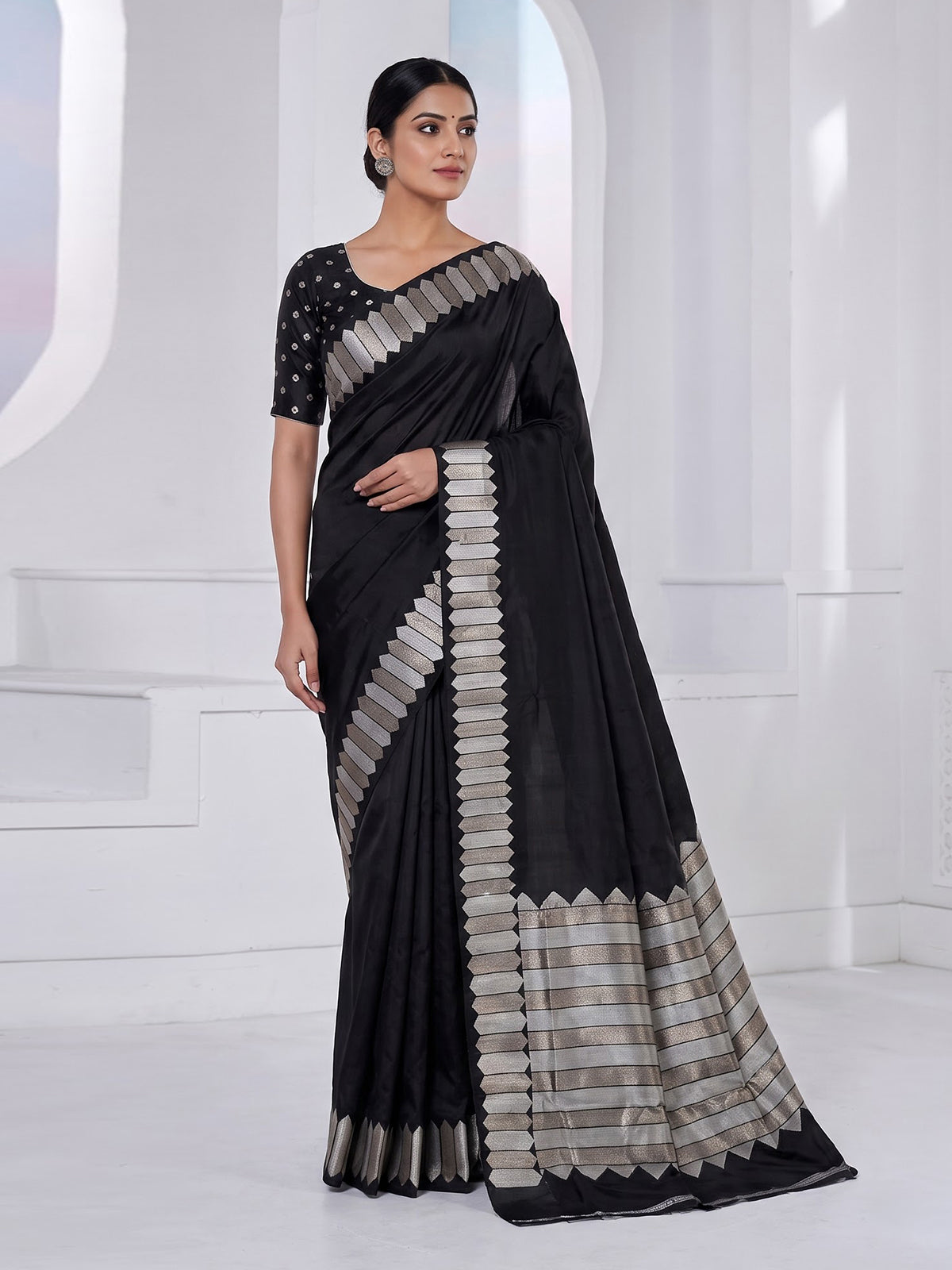 Black satin silk saree with rich zari border and pallu