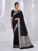 Black satin silk saree with rich zari border and pallu