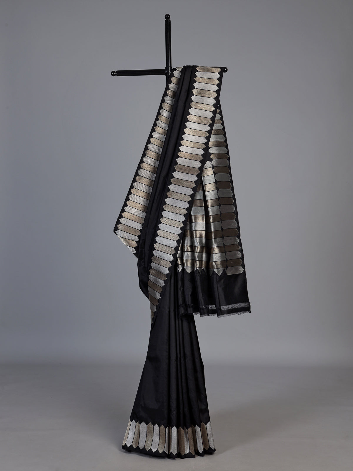 Black satin silk saree with rich zari border and pallu