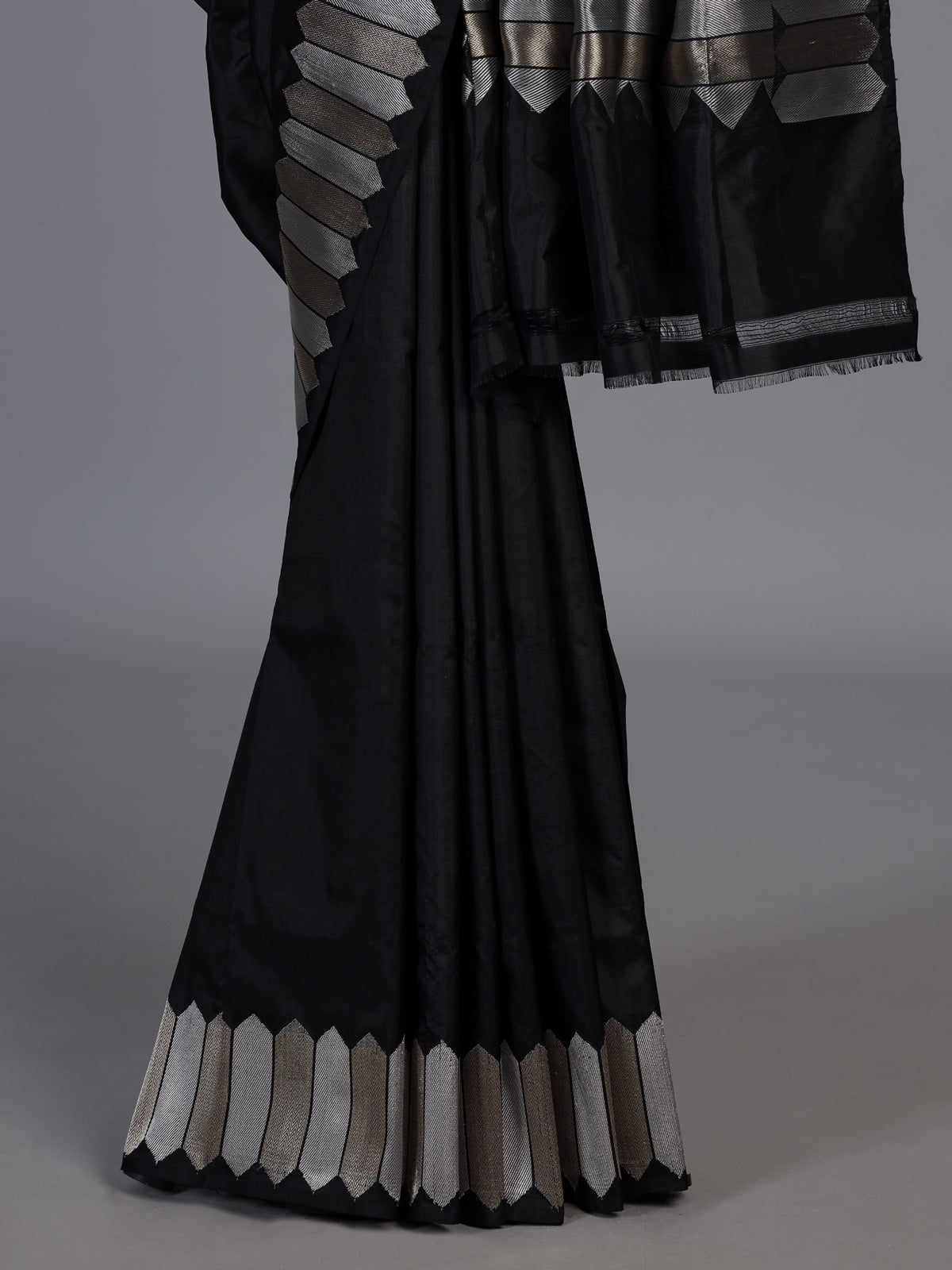 Black satin silk saree with rich zari border and pallu