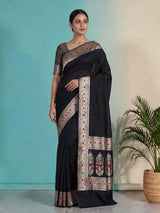 Black paithani silk saree with floral motifs and zari work