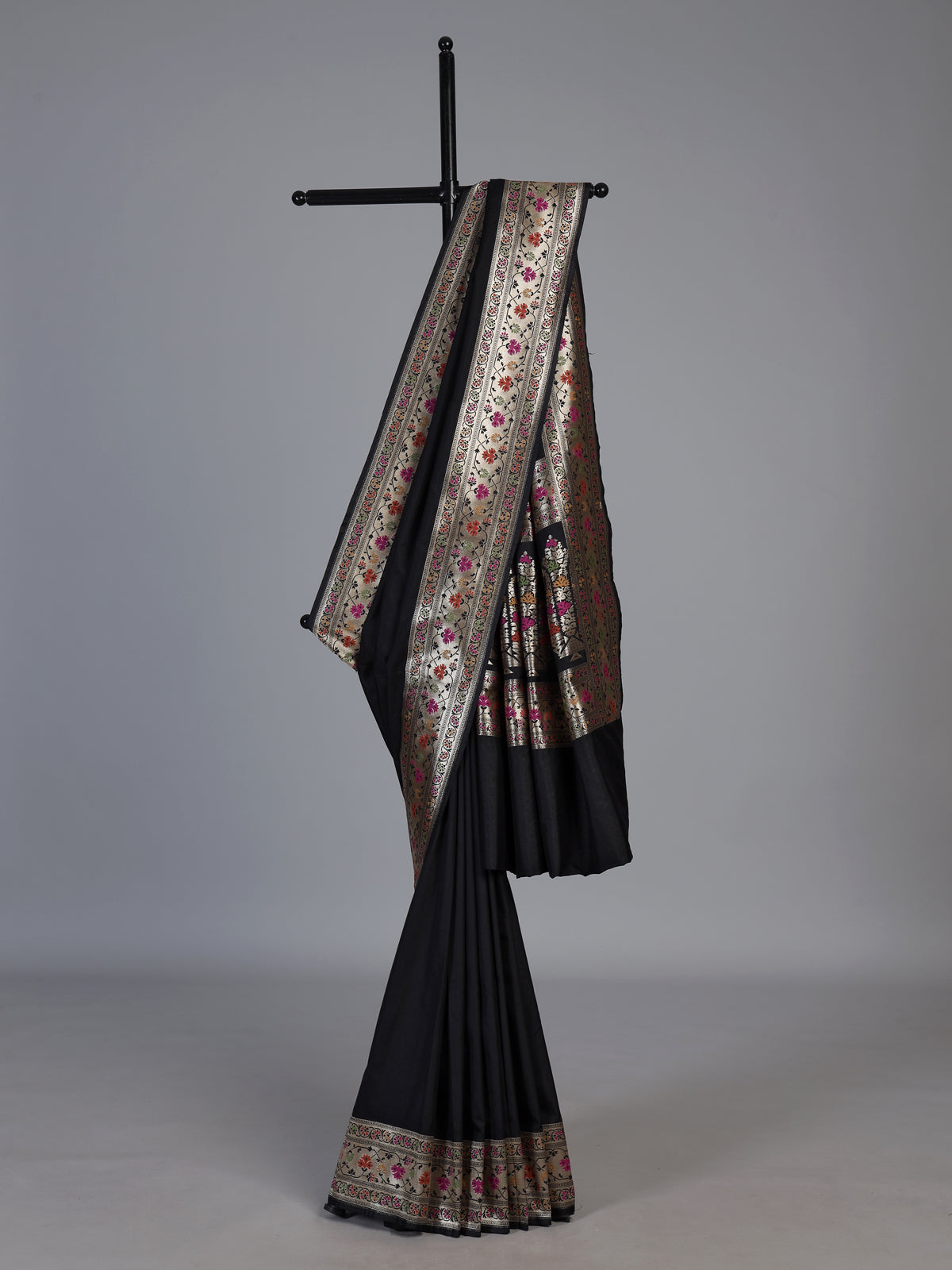 Black paithani silk saree with floral motifs and zari work