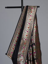 Black paithani silk saree with floral motifs and zari work