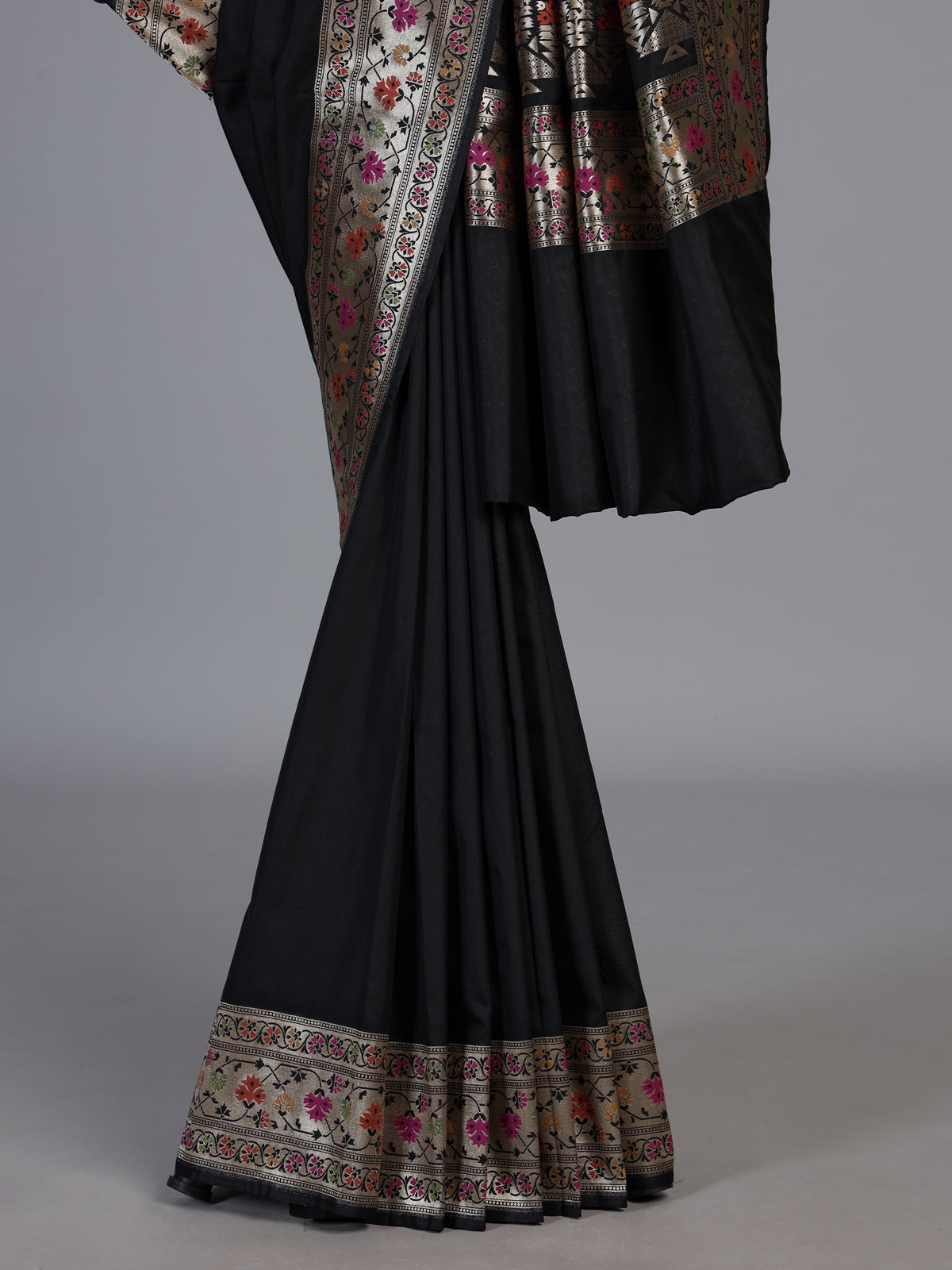 Black paithani silk saree with floral motifs and zari work