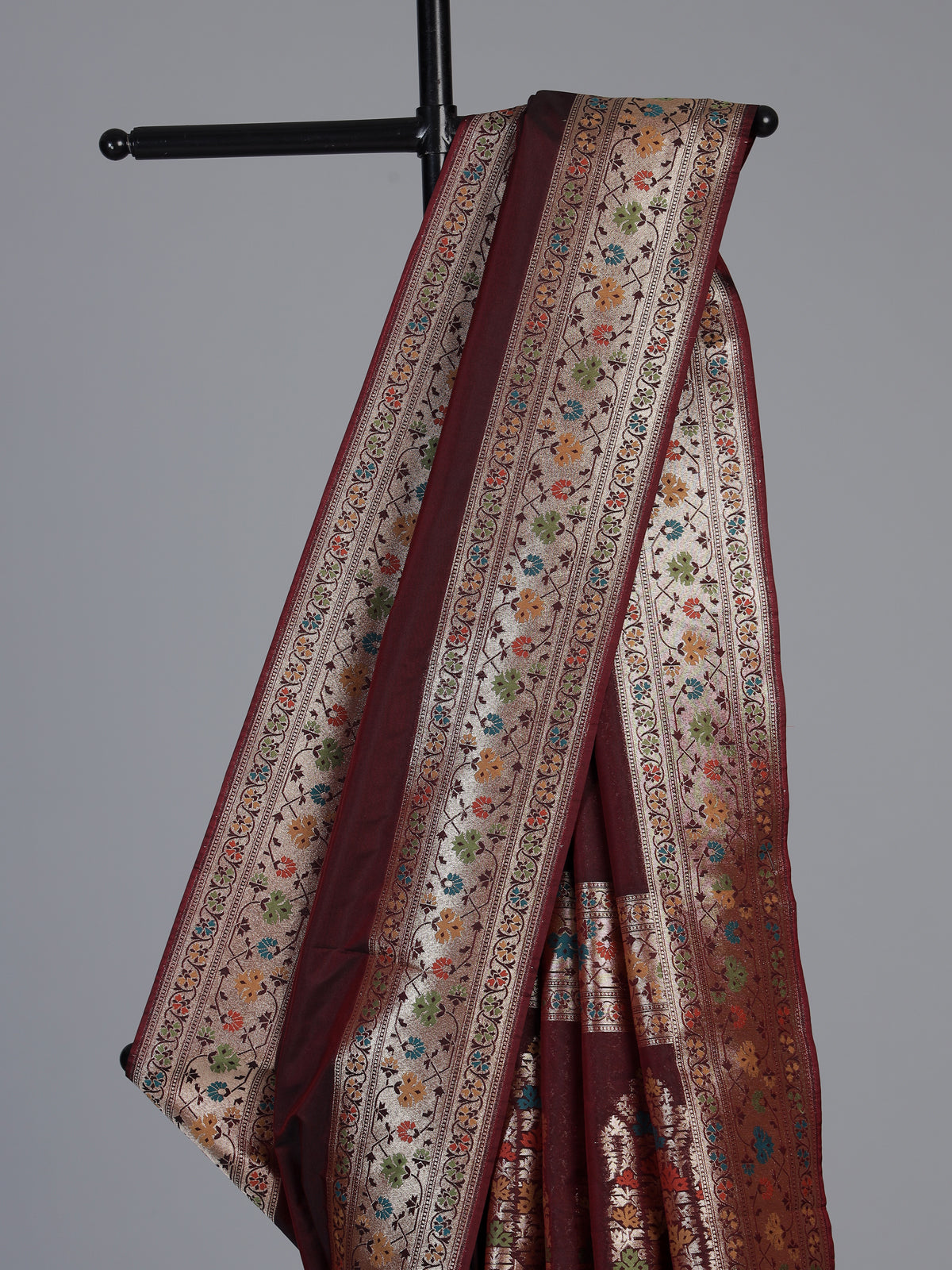 Maroon paithani silk saree with floral zari border elegance