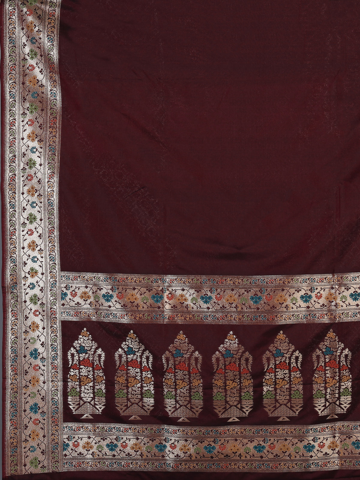 Maroon paithani silk saree with floral zari border elegance