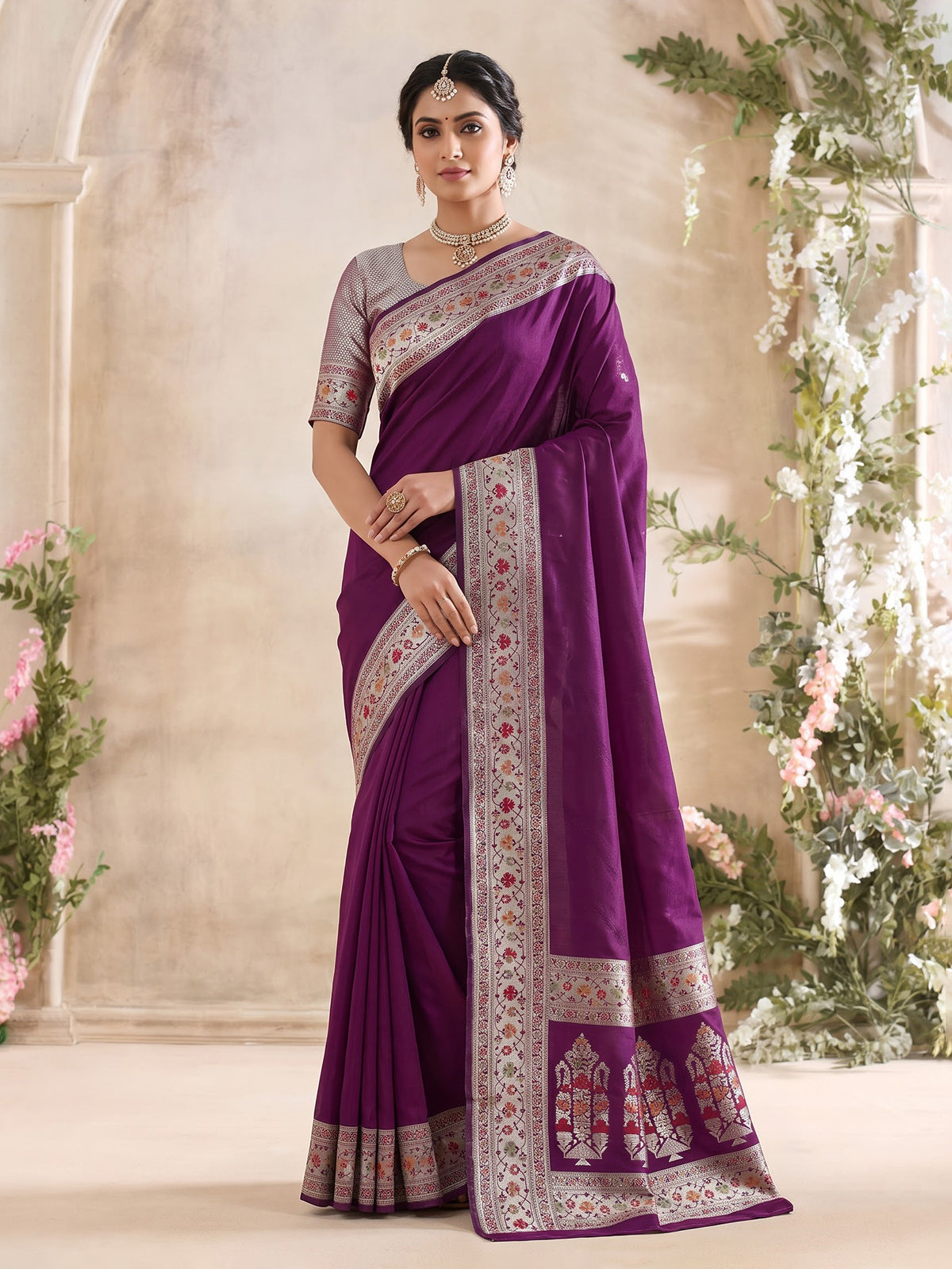 Purple paithani silk saree with elegant floral zari motifs