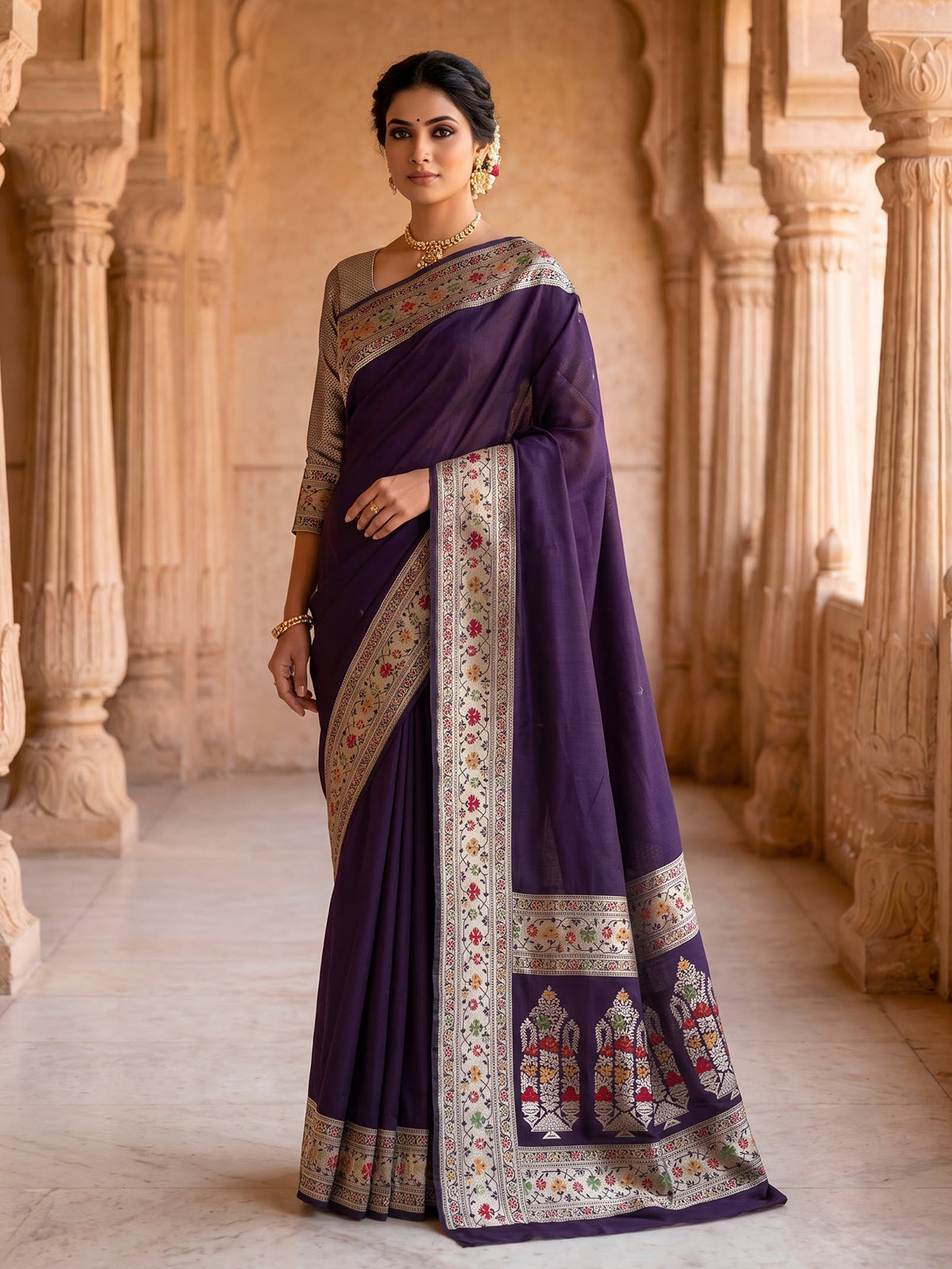 Wine paithani silk saree with floral zari border design
