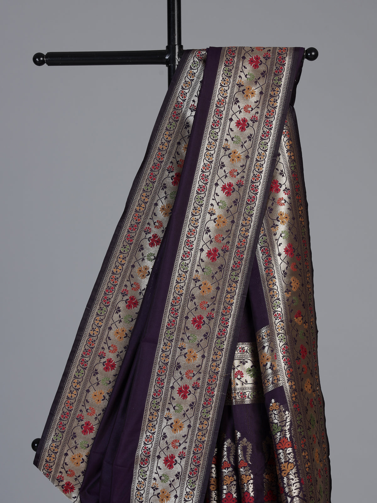 Wine paithani silk saree with floral zari border design