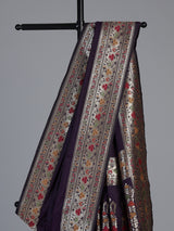 Wine paithani silk saree with floral zari border design
