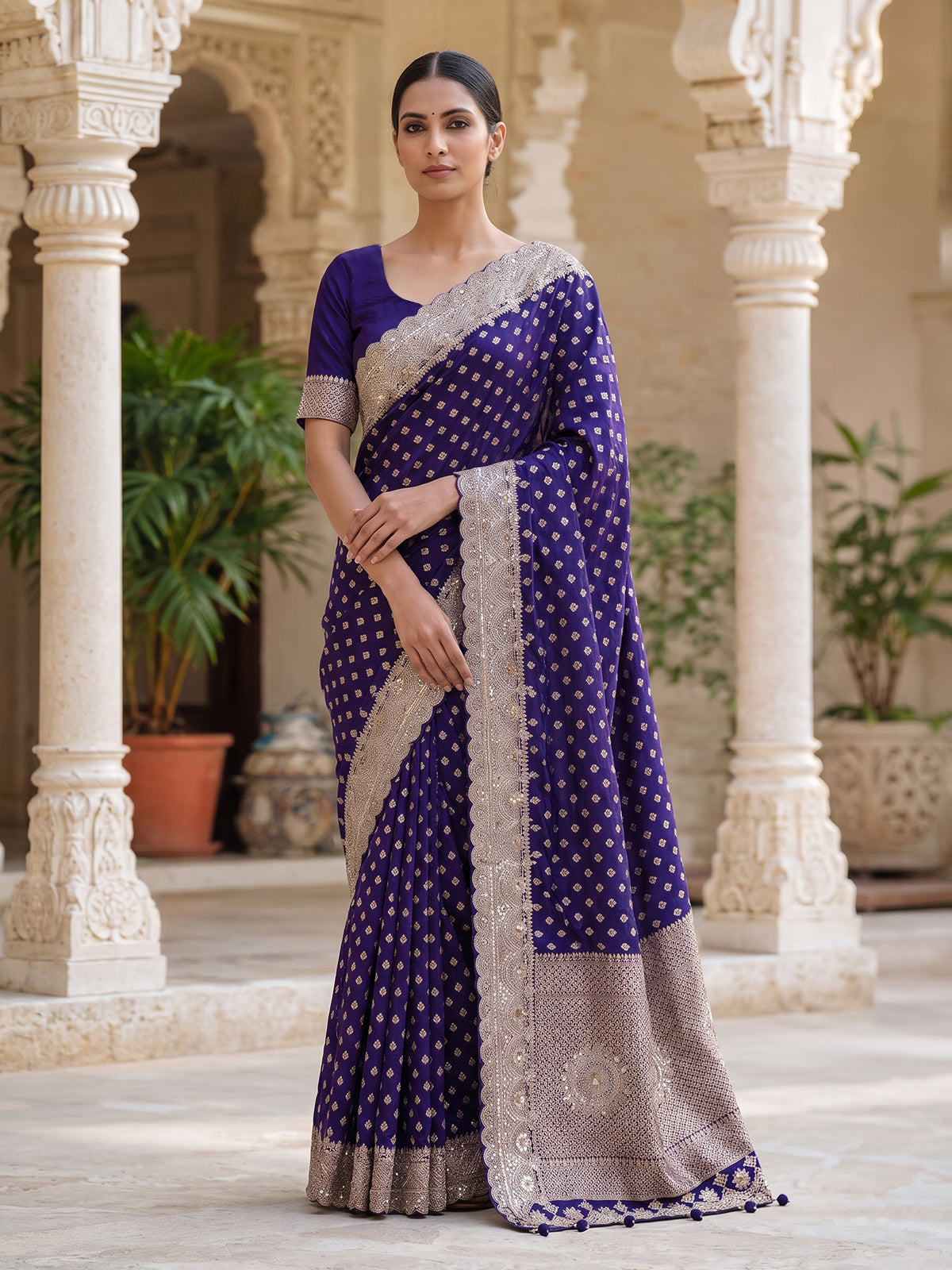 Blue banarasi silk saree with elegant butti and handwork design
