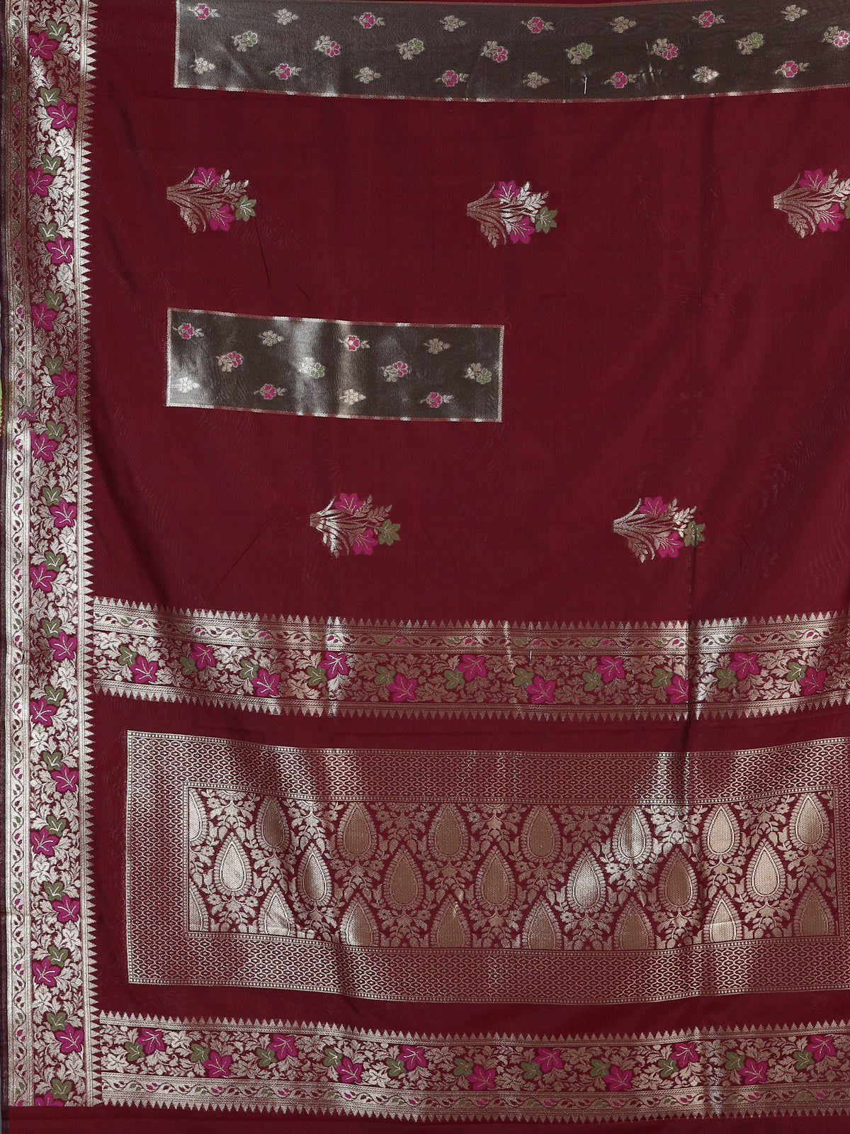 Maroon banarasi silk saree with floral butti zari design