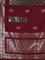 Maroon banarasi silk saree with floral butti zari design