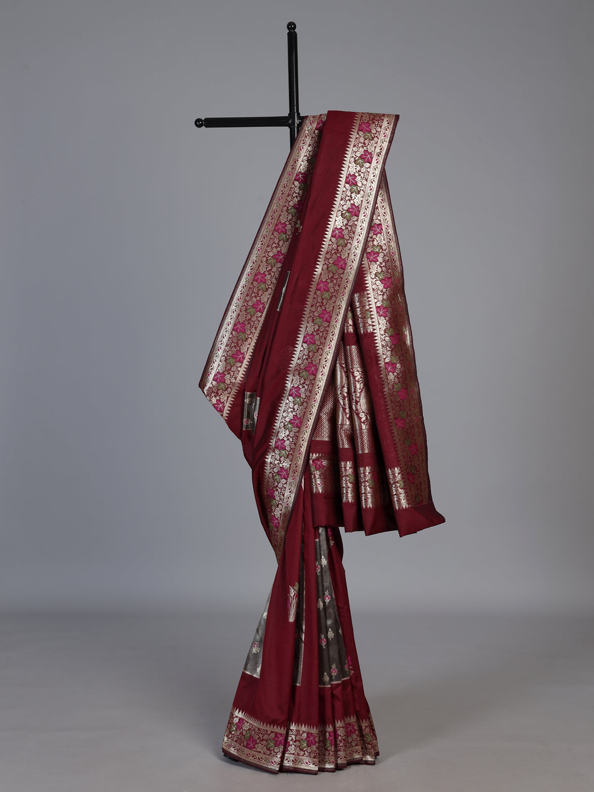 Maroon banarasi silk saree with floral butti zari design