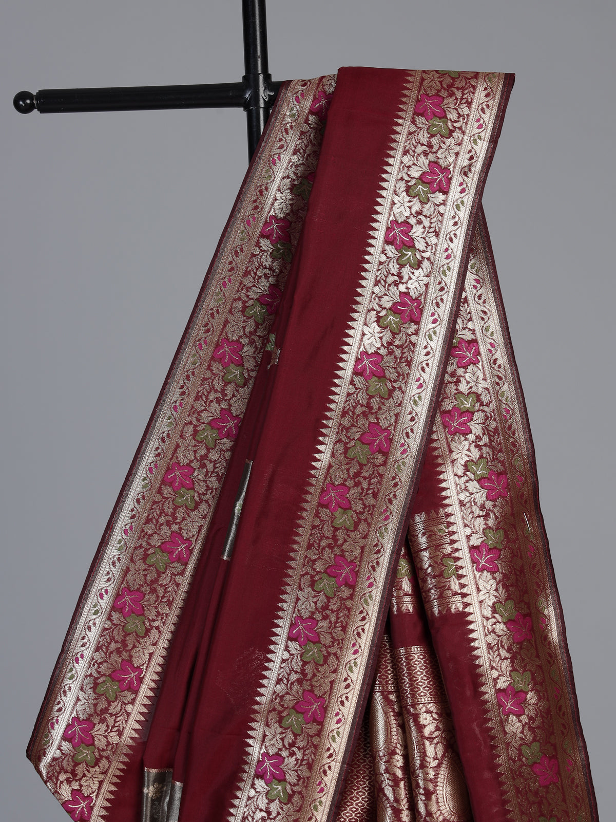 Maroon banarasi silk saree with floral butti zari design