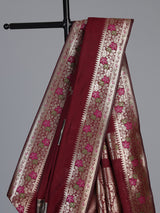 Maroon banarasi silk saree with floral butti zari design