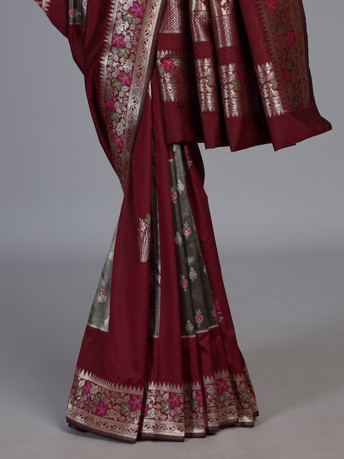 Maroon banarasi silk saree with floral butti zari design