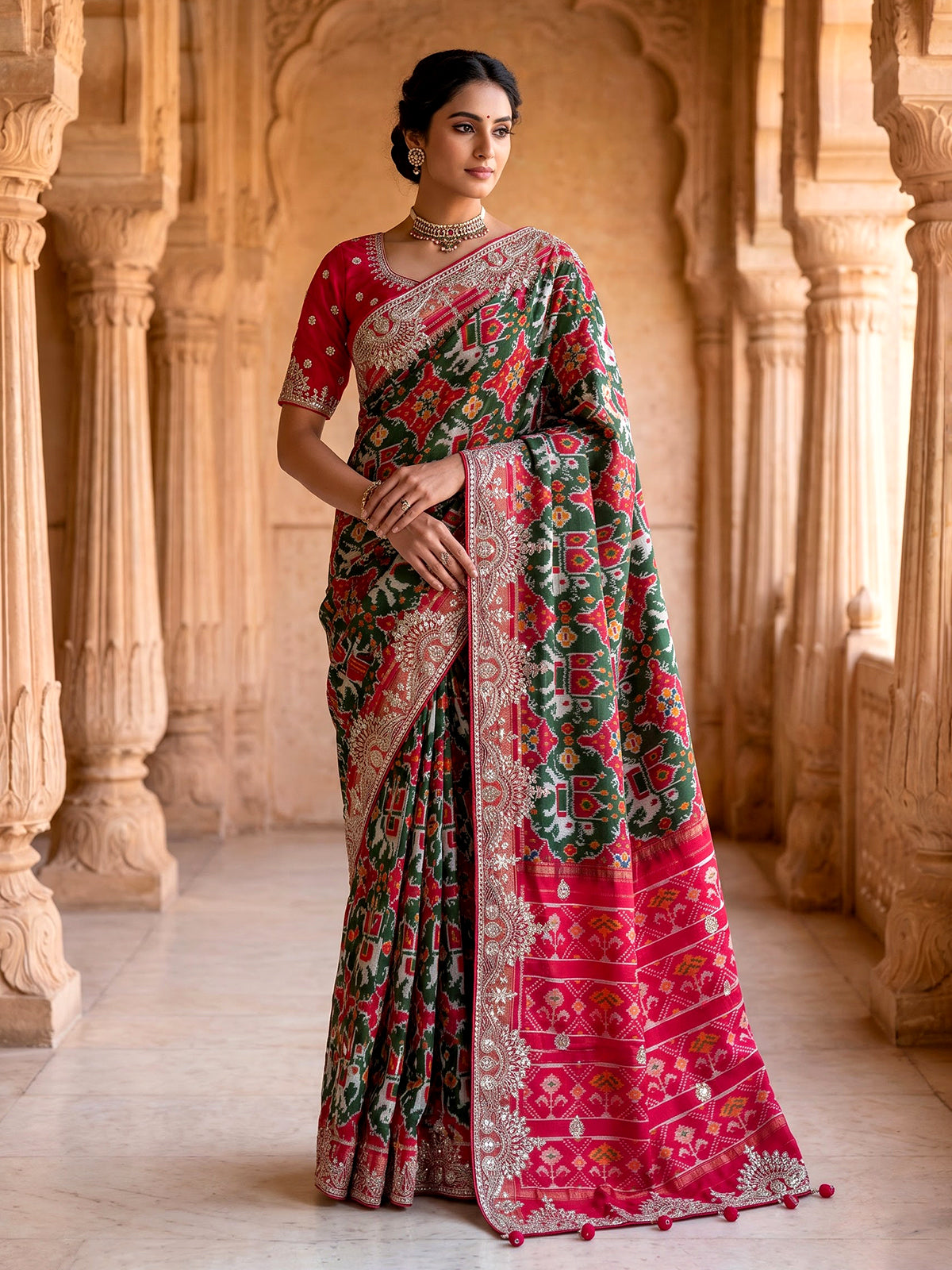 Green Hyderabadi patola silk saree with traditional contrast border