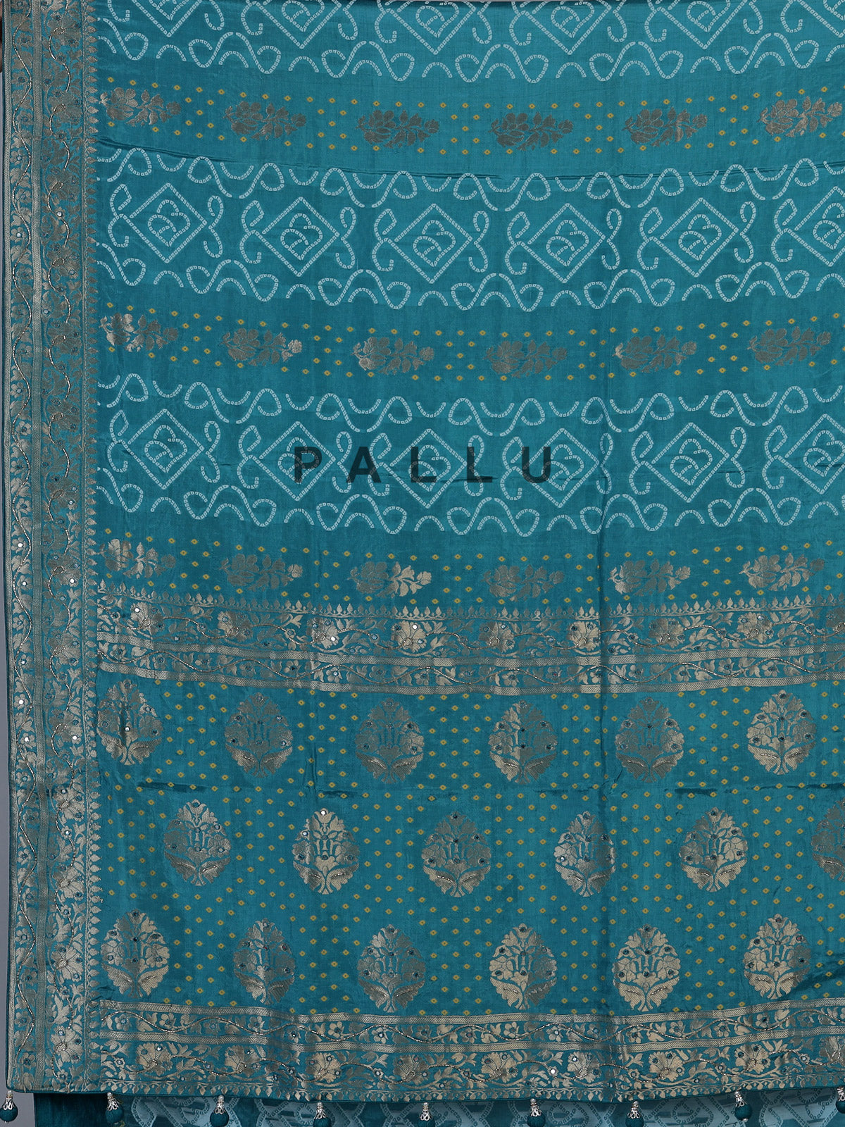 Rama blue dola satin silk bandhej printed designer saree
