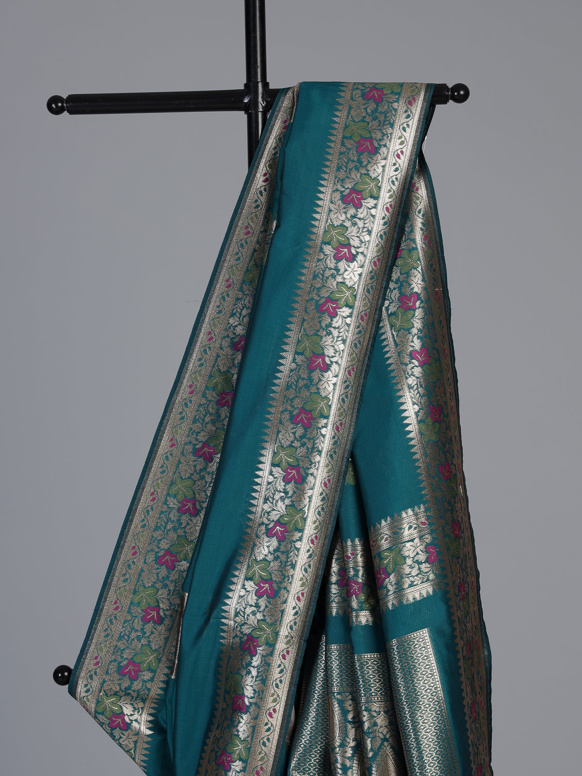 Rama blue banarasi silk saree with floral butti elegance
