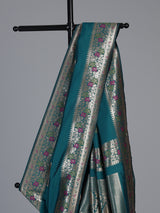 Rama blue banarasi silk saree with floral butti elegance