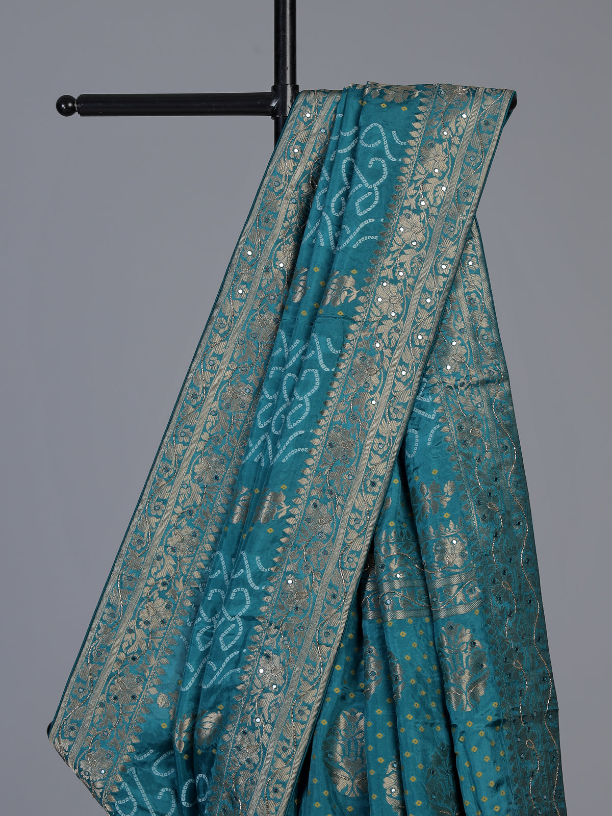 Rama blue dola satin silk bandhej printed designer saree
