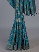 Rama blue dola satin silk bandhej printed designer saree